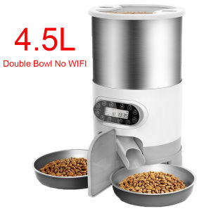 DUDU Pet 4.5L Stainless Steel Double Bowl Smart 4 Meals Quantitative Timed Cat Food Dispenser for 2 Cats and Dogs Pet Feeder with 2-Way Splitter Meals Portion Control Voice Recorder Dual Power