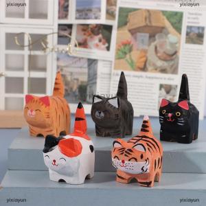 [COD] yixiayun Cartoon Cute Small Animal Desktop Decoration Crafts Innovative And Practical Handmade Wood Carving Cat Ornament