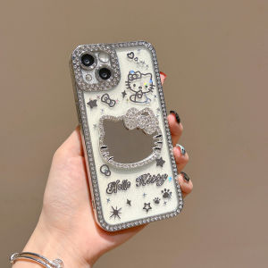 3D cartoon cat mirror water diamond edge electroplating case for iPhone 13 14 15 16 17 Pro Max casing Anti fall protective cover for iPhone16 case