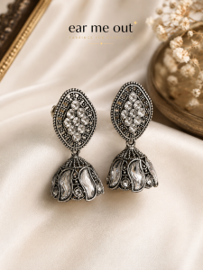 [SG] Vintage Crystal Jhumka Earrings | Antique Silver Drop Earrings | Traditional Indian Statement Earrings | Ethnic Fashion Jewellery | ear me out (EMO-92)