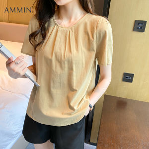 AMMIN Korean style womens round neck short-sleeved chiffon shirt 2022 summer new design doll shirt puff sleeve chiffon top