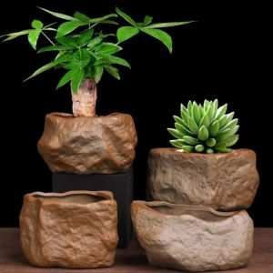 LYMEDIA Ceramic Succulent Plant Pots Stone Shape Wear Resistant Plants Growing Container Modern with Drainage Hole Plant Flower Pot Home Decoration