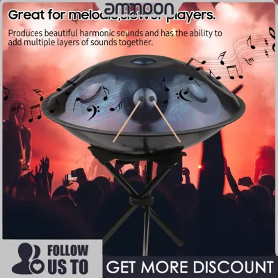 ammoon 10 Notes Handpan Drum 22-inch Stainless Steel Drum Hand Drum with Mallets Stand Carrying Case for Beginner All Levels