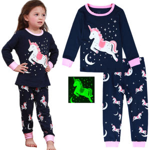 FCPajamas for Kids Girl Unicorn Clothes Stars Pink Cute Cartoon Clothes Baby Glow in the Dark Long Sleeves Sleepwear Set 2-10 Years
