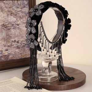 Wide headband 3D floral woven design Velvet tassel headband Embellished with sparkling diamonds