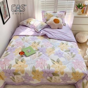 Bộ Chăn Ga Gối Cotton 100% 4 Món CAS Decor Hoa Tím Chăn Chần Bông 3M Siêu Mát