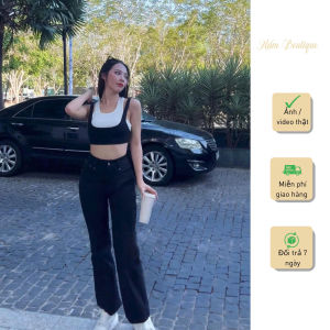 Quần jean đen nữ co giản lưng cao form quần đứng rộng basic dễ phối đồ