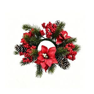 ZIAAN Simulated Christmas Candlestick Wreath Decorative Plastic Candle Ring Wreath Classic Artificial Pinecone Berry Table Wreath Centerpiece Party