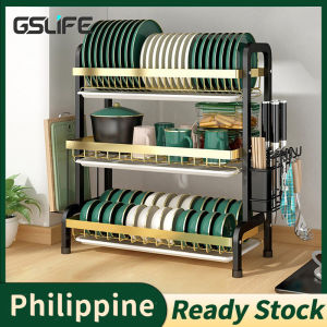 GSlife 2/3-Tier Carbon Steel Dish Rack with Drainer Dish Drying Rack Kitchen Countertop Plate Organizer Storage Shelf Rack