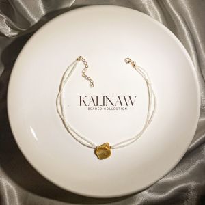 KALINAW Czech Bugle Line Tube Tassel Beige w/ Blister Pearl Choker Necklace