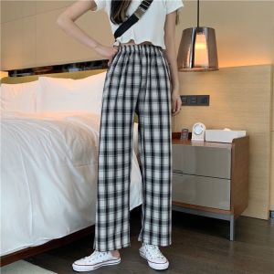 AZDH High Waist Vintage Plaid Women Pants Loose Wide Leg Y2K Checkered Pants Casual Straight Harajuku Plaid Pants Streetwear