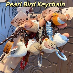 NOVELLEO คาวาอี้ ที่ห้อยกุญแจแกะสลักไม้เลียนแบบ การ์ตูน นกหงส์หงส์สีเทาและน้ำเงิน แหวนกุญแจรูปสัตว์ จี้กระเป๋าเป้ ดีไซน์ดั้งเดิม กระเป๋าพวงกุญแจนกไข่มุก ของขวัญวันหยุด