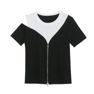 REHIN Womens top New Summer European style zipper design color collision fashion slim short-sleeved T-shirt Black and white color block one shoulder slim fit S-3XL round neck trend blouse
