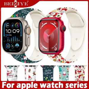 คริสต์มาสสำหรับ for apple watch ultra / ultra 2 49mm Series 9 8 7 41 มม. 45 มม. สายนาฬิกาซิลิโคนสร้อยข้อมือกีฬา for apple watch series 9 8 7 6 5 4 3 SE 44/40/42 มม. 38 มม.