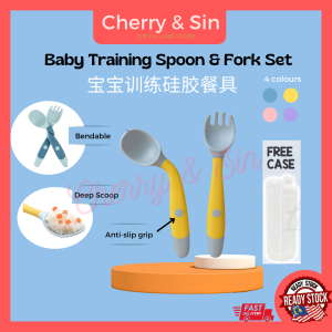 UipalityI Baby Training Spoon Fork Set with Case Baby Feeding Practice Silicone Twist Fork Spoon Bayi Spoon