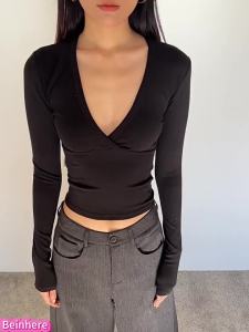 Cross V-neck Long Sleeve T-shirts Woman Autumn Cotton Slim Crop Top Female Casual Simple Solid All-match Basic Tshirts Y2k Tops2026