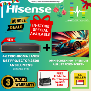 (Hisense PT1 Home Cinema Bundle) Get the Hisense PT1 Ultra Short Throw Laser Projector + 100" Premium ALR UST Fixed Screen In One Exclusive Package Deal. Create Your Very Own Big-Screen Experience — Limited Stocks Available!