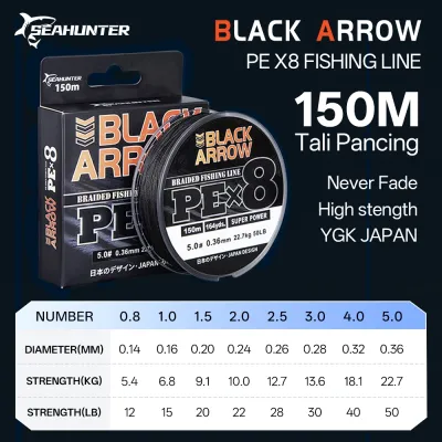 SeaHunter Black Arrow PE X8 Tali Pancing 8 Braided Multifilament Line 150M 12-50LB High Stength Main Fishing Line