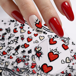 ZEEMIN 6 Sheet Love Heart Glitter Nail Art Stickers 3D Black Red Matching Self-adhesive Bow Heart Diy Nail Slider Y2K Nail Decoration*#