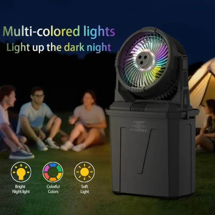【READY STOCK】Camping Spray Fan 10L Portable Bucket Cooling Fan USB Rechargeable Tent Mist Fan with Remote & LED Light