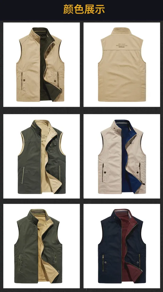 JEEP SPIRIT Spring and Autumn 100% cotton Double Sided Wearing Vest Male  Middle-aged Fishing Leisure Work Clothes Horse Jacket Outer Sleeveless  Jacket M-4XL