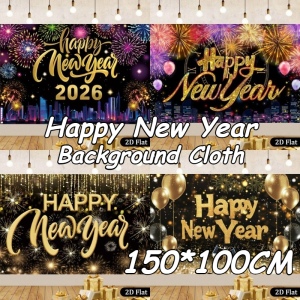 150*100CM Happy New Year 2026 Banner Black Gold Fireworks Backdrop for New Year Party Decorations