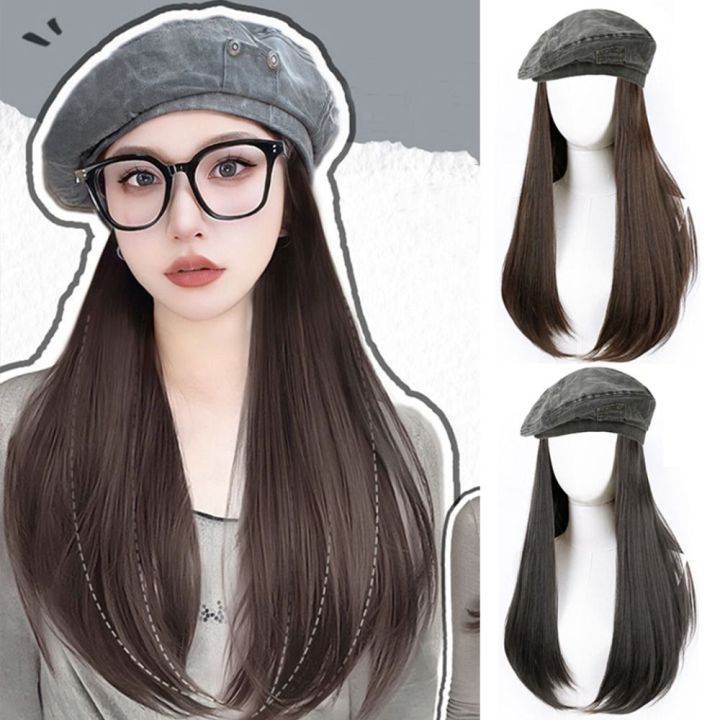 NTSITAR Korean Style Hat Wig Natural Hairpieces Cowboy Beret Wig Heat ...