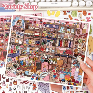 PAZNUL 3D Grocery Store Sticker PET 2 Themes Miniature Landscapes Stickers Collection Cute Removable DIY Cabin Scene Sticker Decompress