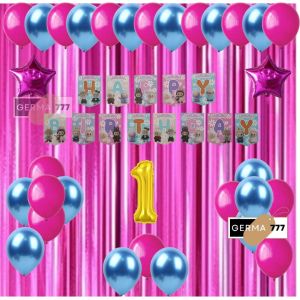 Paket Set Pesta Dekorasi Banner Happy Birthday Labubu Balon Latex Pink Biru Muda Ulang Tahun Anak