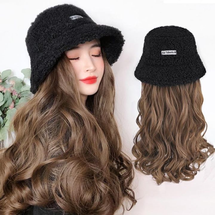 NSONLA Korean Style Hat Wig Winter Natural Hairpieces Long Wavy Hat ...