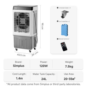 Simplus Air Cooler 24L Water Tank 9M Distance Airflow 40m² Coverage Area 3 Wind Speed 3 Wind Speeds 12h Timer Remote Control