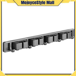 Space Saving Wall Mount Broom and Mop Rack with Hooks for Laundry Room