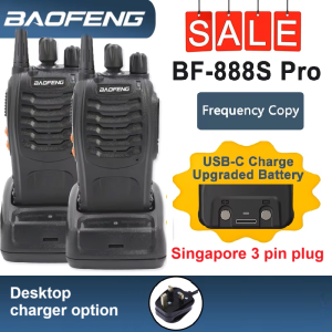 Singapore stock Baofeng BF-888S PRO x 2 pcs (1 pair) with Wireless copy function new battery with USB-C charging port 5W Transceiver Walkie Talkie UHF: 400-480MHz Two Way Radio Black 888 Singapore 3 pin plug EU 2 pin plug USB plug EXCLUDING earpiece