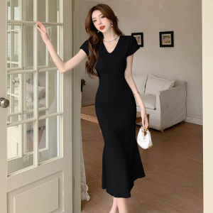 Night dress women MIDI short sleeve v neck high waist polyester plain blue black a line casual evening night dinner dating holiday Korean style summer shaine store dress style evening dress Galaz 2023 new
