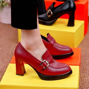 Free Shipping 2026 WomenS Chunky Heel Leather Shoes High Heels Slip-On Style Versatile Soft Leather Comfortable Flats Height-Increasing Flats