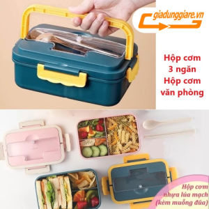 Hộp cơm văn phòng 3 ngăn [Kèm đũa thìa] cặp lồng cơm lúa mạch sử dụng được lò vi sóng dung tích 1000ml - giadunggiare.vn