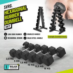 Paket Hexagonal Dumbbell Black 105kg Satu Set dan Triangle Dumbbell Rack
