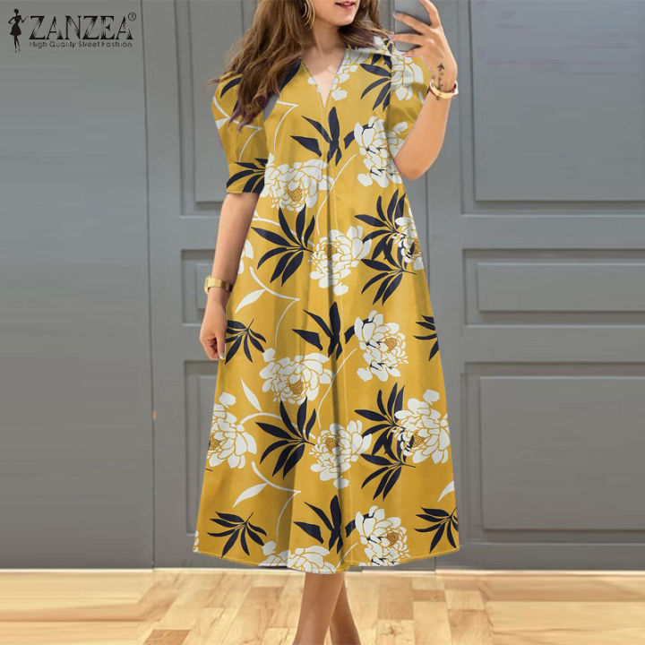 Celmia ZANZEA Women Vintage Casual V-Neck Floral Print Pleated Dress Short  Sleeve Midi Dresses #0407