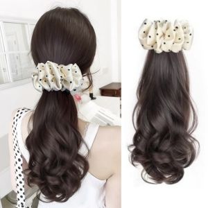 TIMIA Ballet Style White Polka Bowknot Ponytail Hair Extension Layered Pony Tail Hairpiece Trendy Synthetic Curly Wavy  Wig for Women