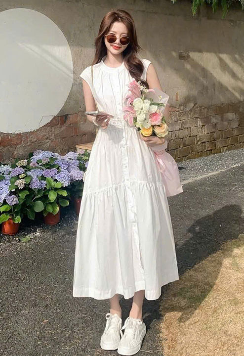 Đầm suông sát nách cotton lạnh cài nút nhấn eo, phong cách sang trọng ...