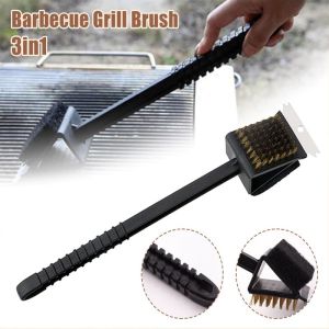 3In1 Barbecue Grill Brush Copper Wire Bristles BBQ Cleaning Tool Long Handle Barbecue Cleaner Brush