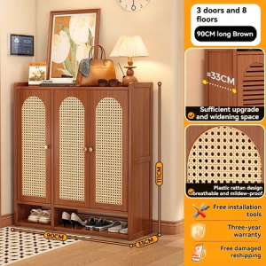 Bamboo Shoe Cabinet 6/7/8 Layers 50+Pairs Shoes Rak Breathable Shoe Dustproof Cabinet Kasut Bertutup Rattan Flip Door Shoe Organizer 藤门鞋柜