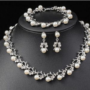 JJT Elegant Black Pearl Jewelry Set with Leaf Design Necklace Earrings and Bracelet for Women