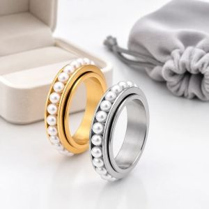 GGR Stainless Steel Spinner Ring Size 5-12 6mm Width Imitation Pearl Ring Luxury Style Waterproof Eternity Ring For Women
