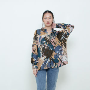 Ixora Najla Oversized Shirt - Atasan Kemeja Wanita Oversized Lengan Panjang Motif
