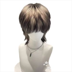 EXCES Black Gold Anime Cos Wig Siamese Cat Handsome Wolf-Tailed Mullet Head Wigs Full Head Realistic Short Gradient Hair for Boys