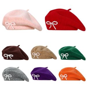 FLYING With Bow Knitted Beret Hat Solid Color Korean Style Berets Caps Fashionable Pearl Bow Womens Hats Autumn and Winter