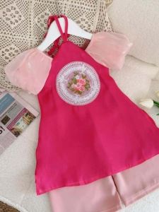 Áo dài cho bé áo dài cách tân cổ yếm áo dài cách tân thêu hoa áo dài cách tân tay phồng dễ thương - Life Style 4U