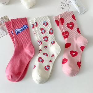 3Pairs Ladies Pink Lovely Flower Cotton Socks Love Casual Medium-tube Ins Trend Women Socks