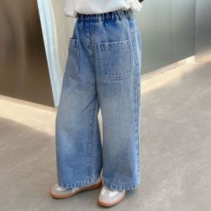 Kids Girl Blue Jeans Baby Wide Leg Jeans Pocket Jeans
